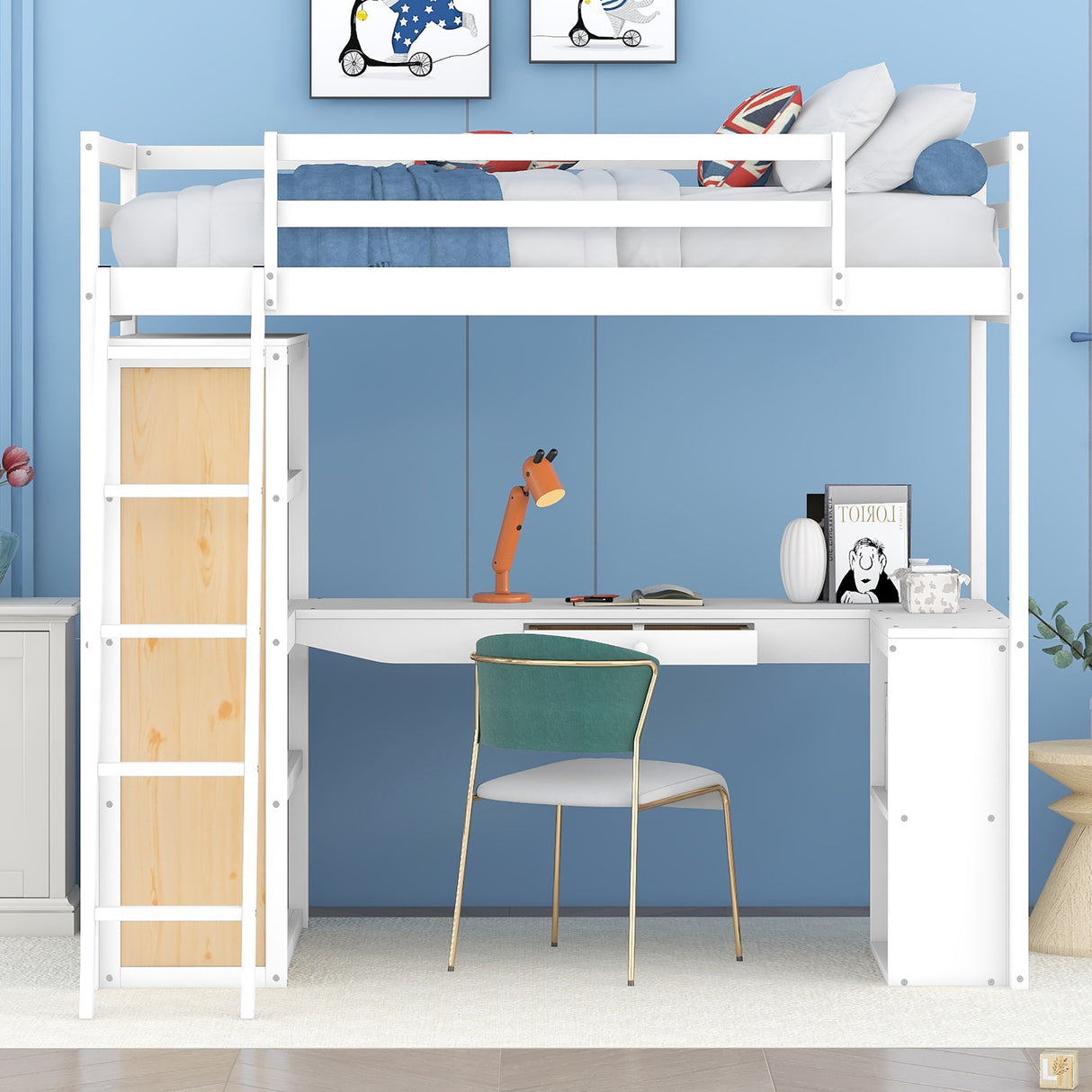 Twin Size Loft Bed with Ladder, Shelves, and Desk, White - Home Elegance USA