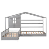 Wood House Bed Twin Size, 2 Twin Solid Bed L structure with fence and slatted frame （Gray) - Home Elegance USA