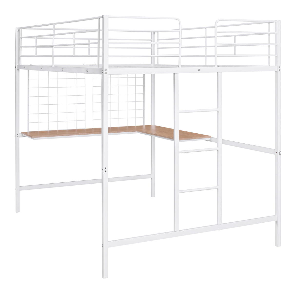 Full Metal Loft Bed with Desk and Metal Grid, White - Home Elegance USA