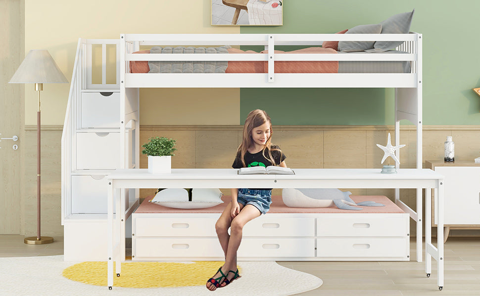 Stairway Twin XL Loft Bed with Twin Size Trundle and 3 Drawers, Storage, Desk, White - Home Elegance USA