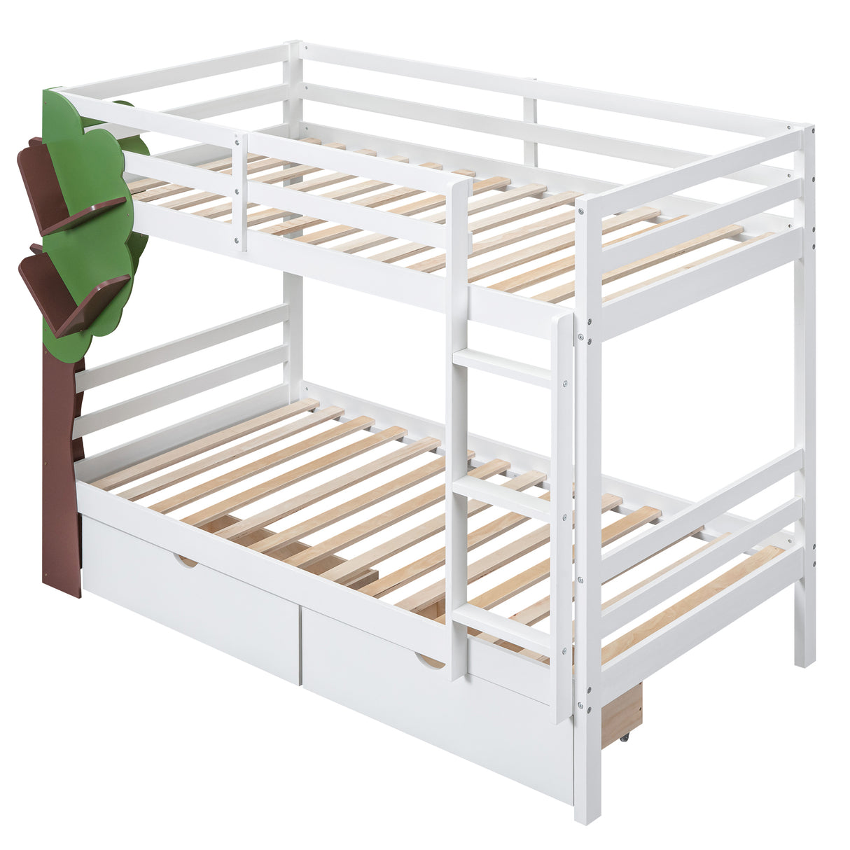 Twin-Over-Twin Bunk Bed with  a Tree Decor and Two Storage Drawers, White - Home Elegance USA