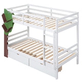 Twin-Over-Twin Bunk Bed with  a Tree Decor and Two Storage Drawers, White - Home Elegance USA