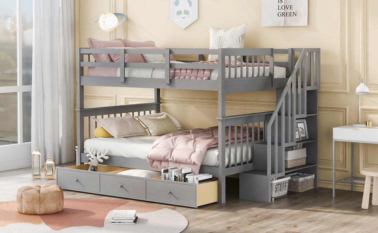 Stairway Full-Over-Full Bunk Bed with Drawer, Storage and Guard Rail for Bedroom, Gray color( old sku: LP000310AAE ) - Home Elegance USA