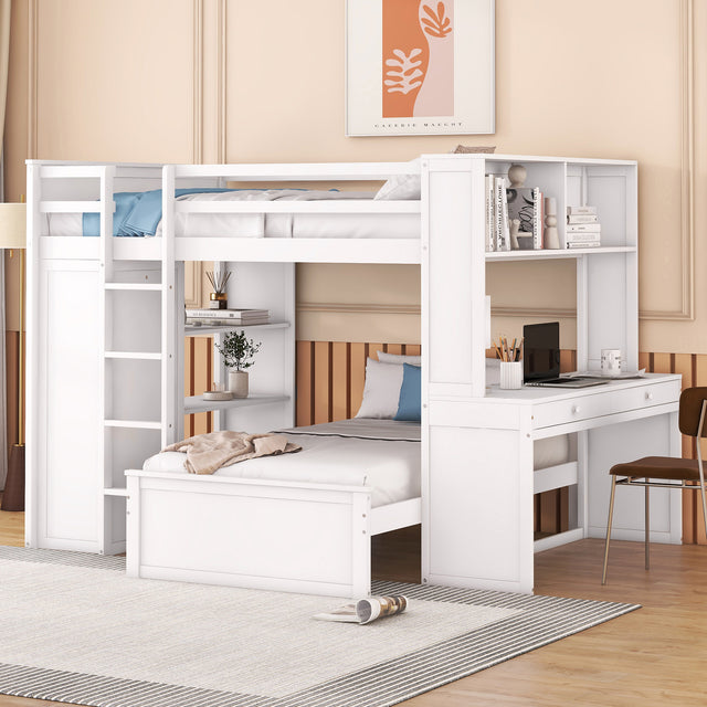 Full size Loft Bed with a twin size Stand-alone bed, Shelves,Desk,and Wardrobe-White - Home Elegance USA