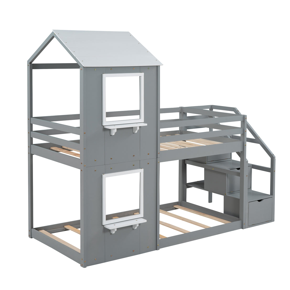 Twin Over Twin Bunk Bed with Storage Stairs,Wood Bed with Roof, Window, Guardrail, Ladder，Gray+White - Home Elegance USA