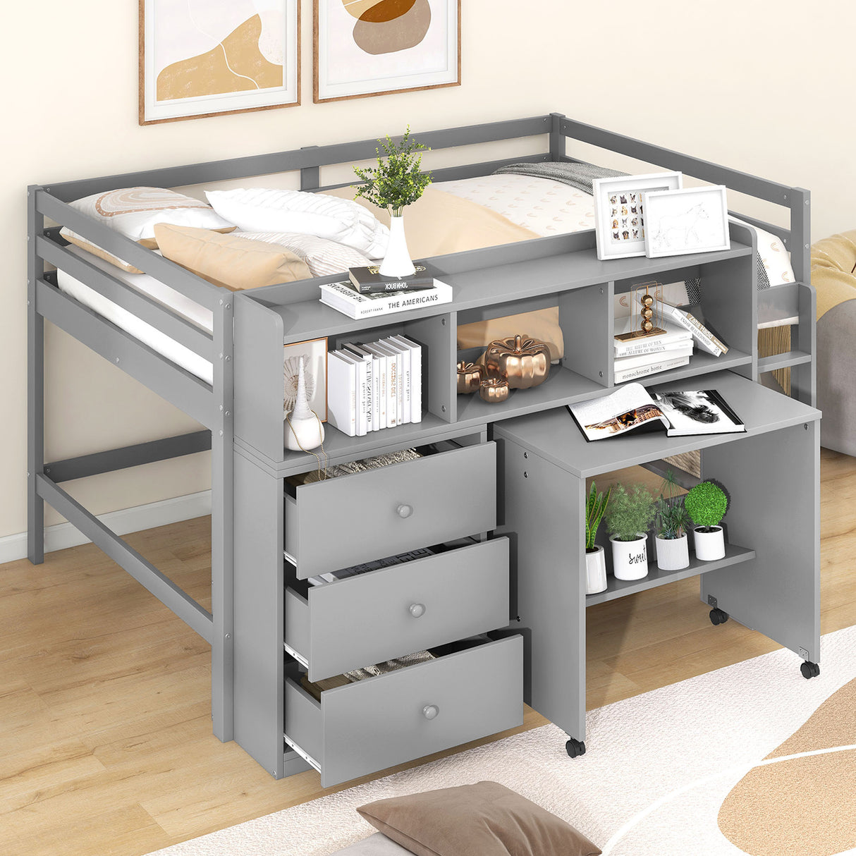 Full Size Low Loft Bed with Rolling Portable Desk, Drawers and Shelves,  Gray - Home Elegance USA