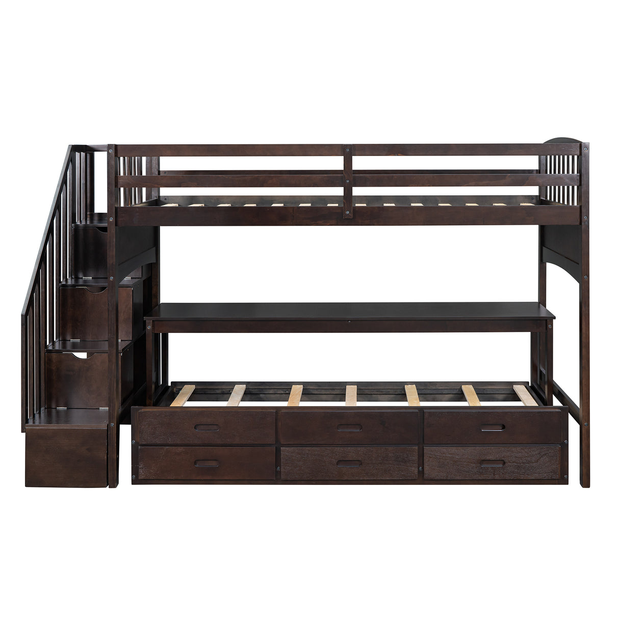 Stairway Twin XL Loft Bed with Twin Size Trundle and 3 Drawers, Storage, Desk, Espresso - Home Elegance USA