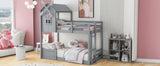 Twin over Twin Bunk Bed with Roof and Window, with Guardrails and Ladder, Gray - Home Elegance USA