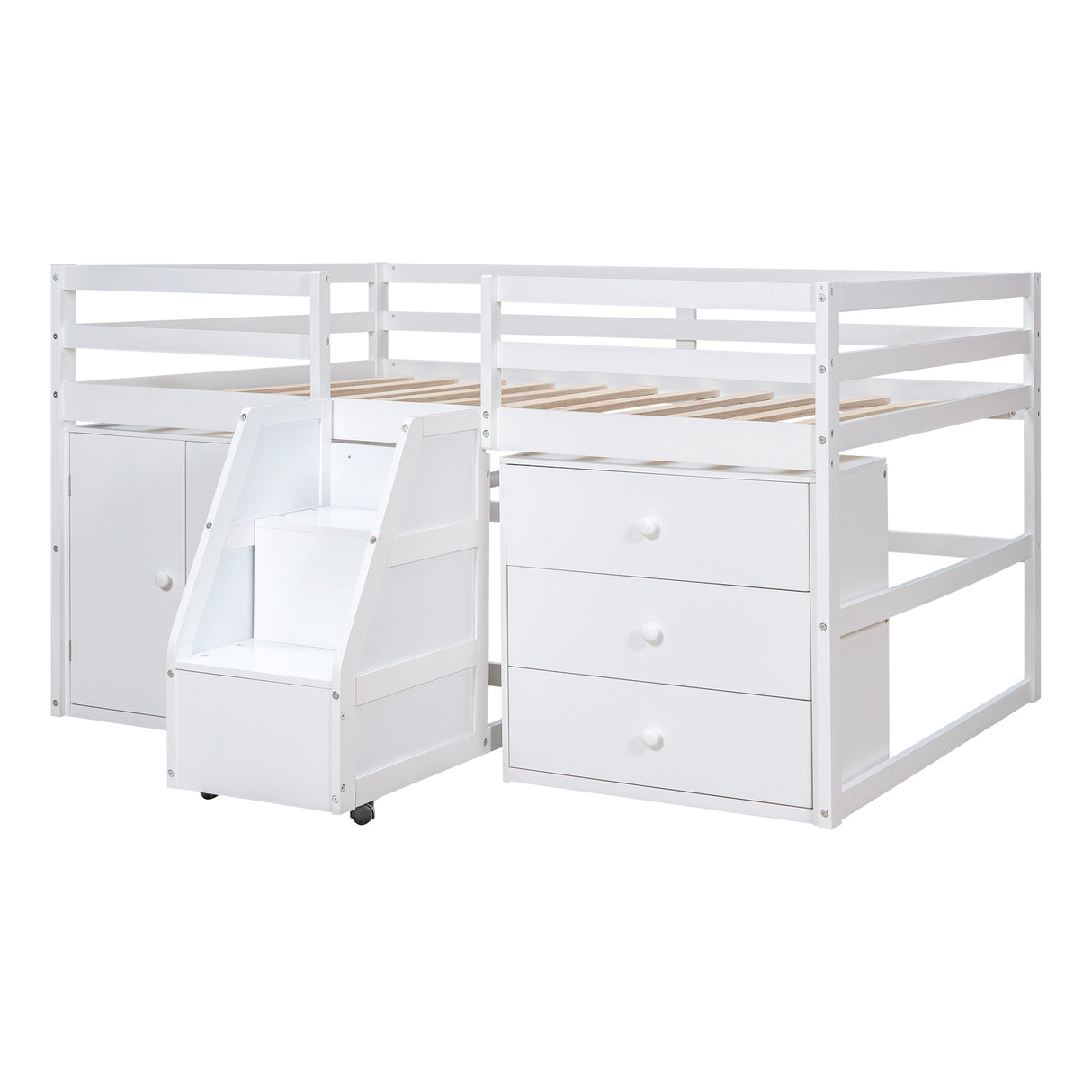 Full Size Functional Loft Bed with Cabinets and Drawers, Hanging Clothes at the back of the Staircase, White - Home Elegance USA