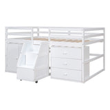 Full Size Functional Loft Bed with Cabinets and Drawers, Hanging Clothes at the back of the Staircase, White - Home Elegance USA