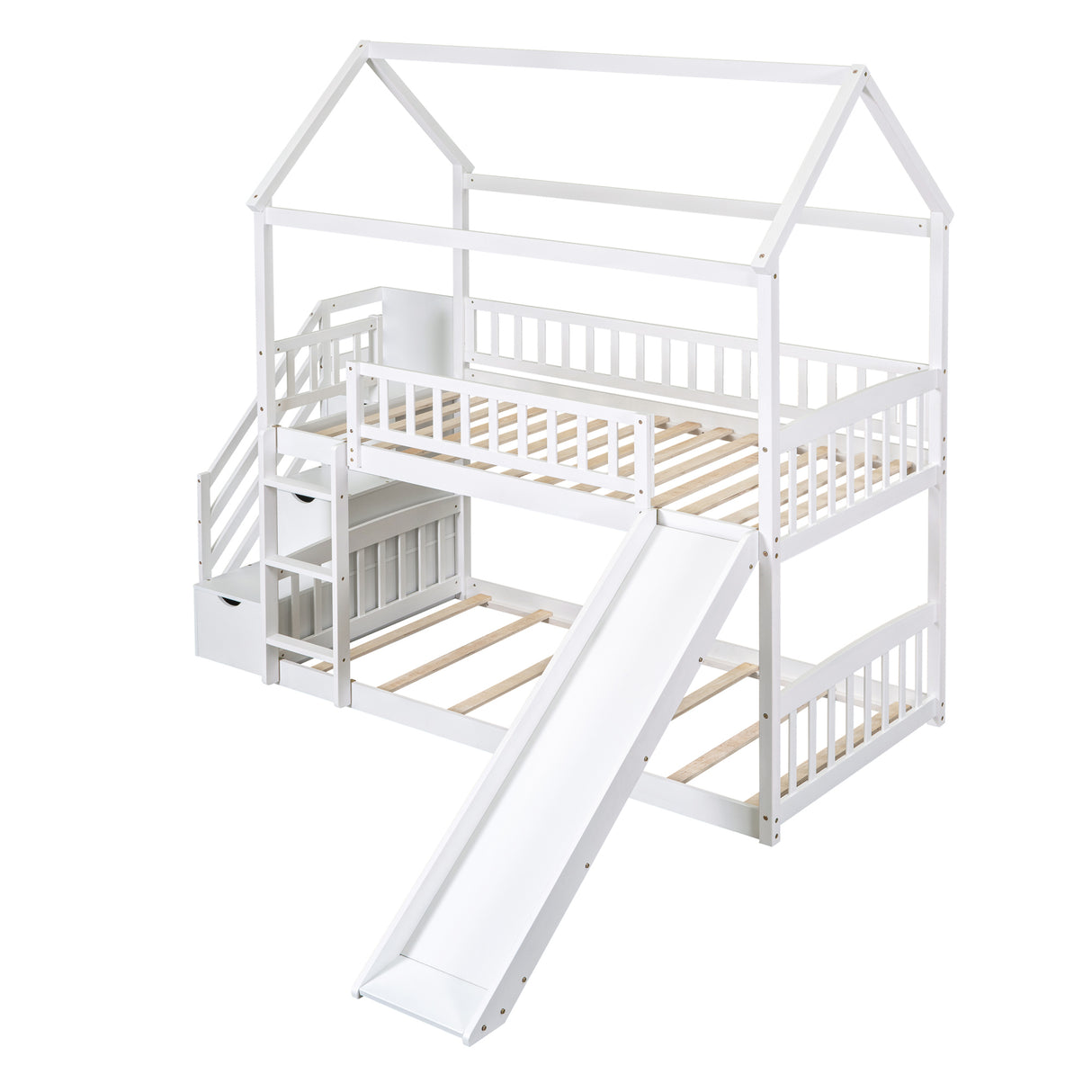 Twin Over Twin Bunk Bed with Drawers and Slide, House Bed with Slide,White(OLD SKU :LT000215AAK) - Home Elegance USA