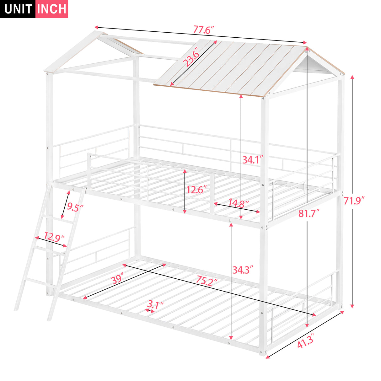 Twin Over Twin Bunk Bed Metal Bed with Half Roof, Guardrail and Ladder White - Home Elegance USA