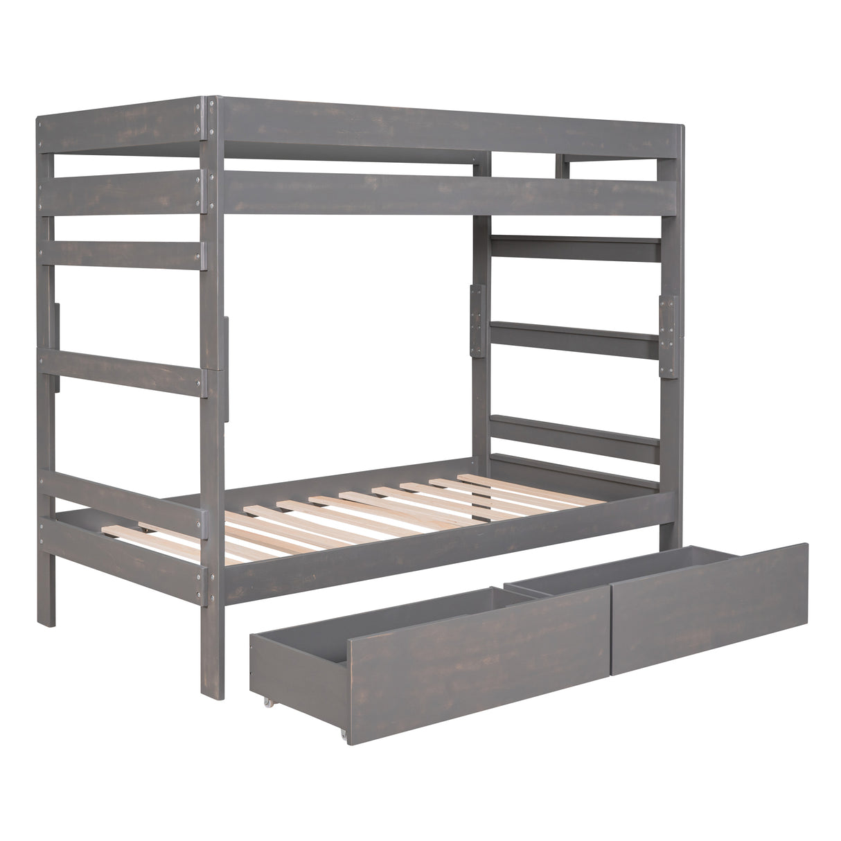 Twin over Twin Wood Bunk Bed with 2 Drawers, Gray - Home Elegance USA