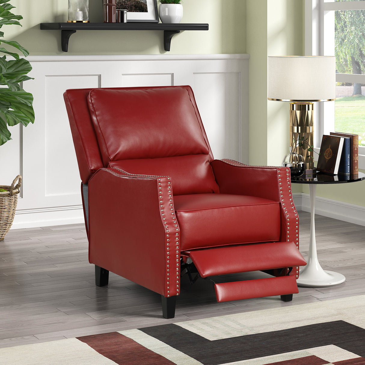Push Back Recliner, Arms with Brass Nails, Red (29.5"x40"x42") - Home Elegance USA
