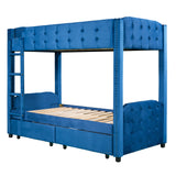 Twin over Twin Upholstered Bunk Bed with Two Drawers, Button-Tufted Headboard and Footboard Design, Blue - Home Elegance USA