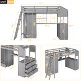 Twin Size Loft Bed with Wardrobe and Drawers, attached Desk with Shelves, Gray - Home Elegance USA