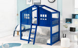 Twin Over Twin House Bunk Bed With Ladder, Wood Bed-Blue - Home Elegance USA