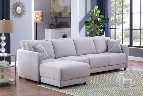 Penelope Light Gray Linen Fabric 4-Seater Sofa with Ottoman and Pillows Home Elegance USA