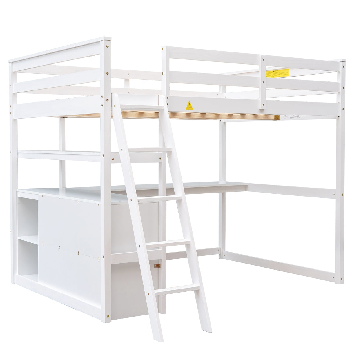 Full Size Loft Bed with Desk and Shelves,Two Built-in Drawers,White - Home Elegance USA