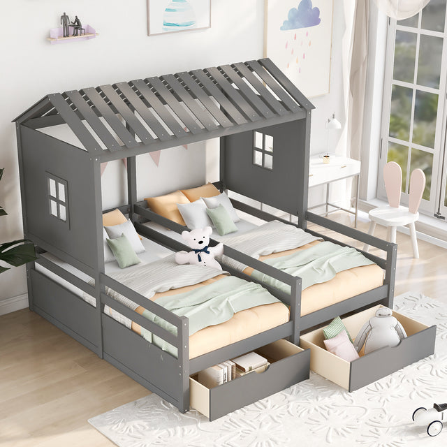 Twin Size House Platform Beds with Two Drawers for Boy and Girl Shared Beds, Combination of 2 Side by Side Twin Size Beds,Grey - Home Elegance USA