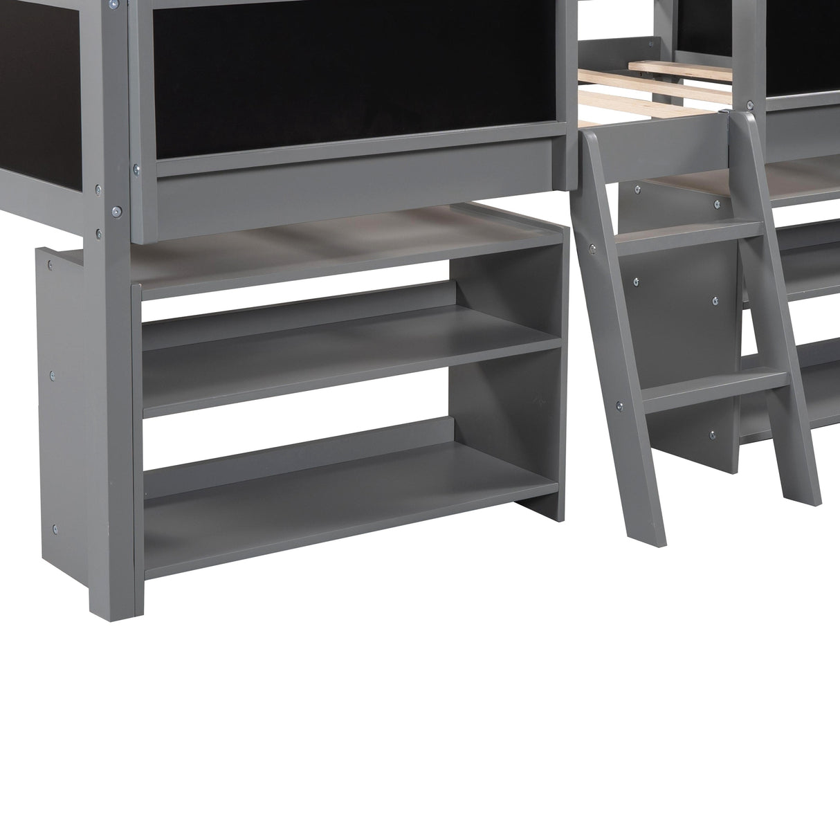 Twin Size Low Loft Bed with Two Movable Shelves and Ladder,with Decorative Guardrail Chalkboard,Gray - Home Elegance USA