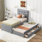 Twin Size Upholstered Platform Bed with Pull-out Twin Size Trundle and 3 Drawers, Gray - Home Elegance USA