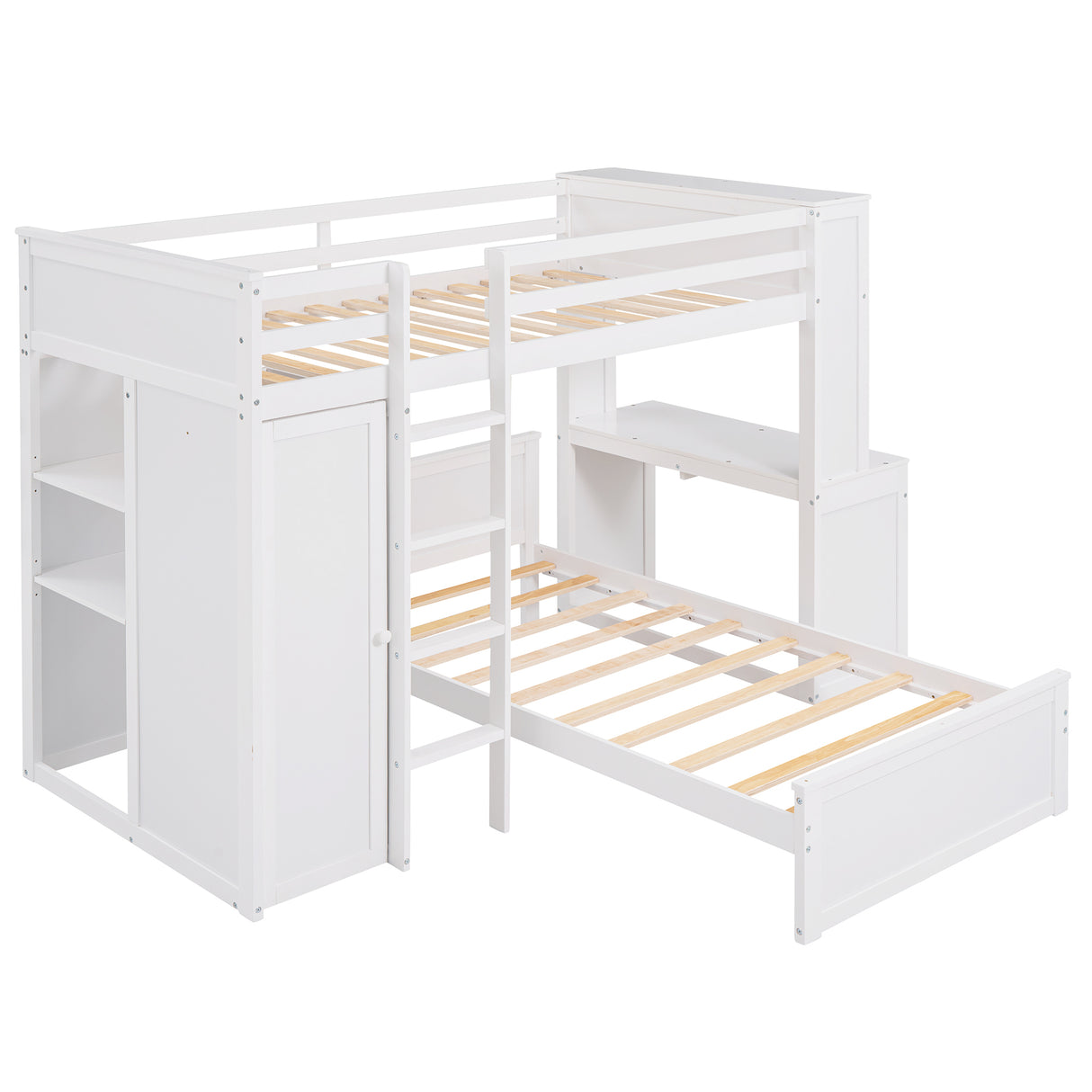 Twin size Loft Bed with a Stand-alone bed, Shelves,Desk,and Wardrobe-White - Home Elegance USA