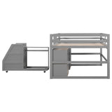 Full Size Functional Loft Bed with Cabinets and Drawers, Hanging Clothes at the back of the Staircase, Gray - Home Elegance USA