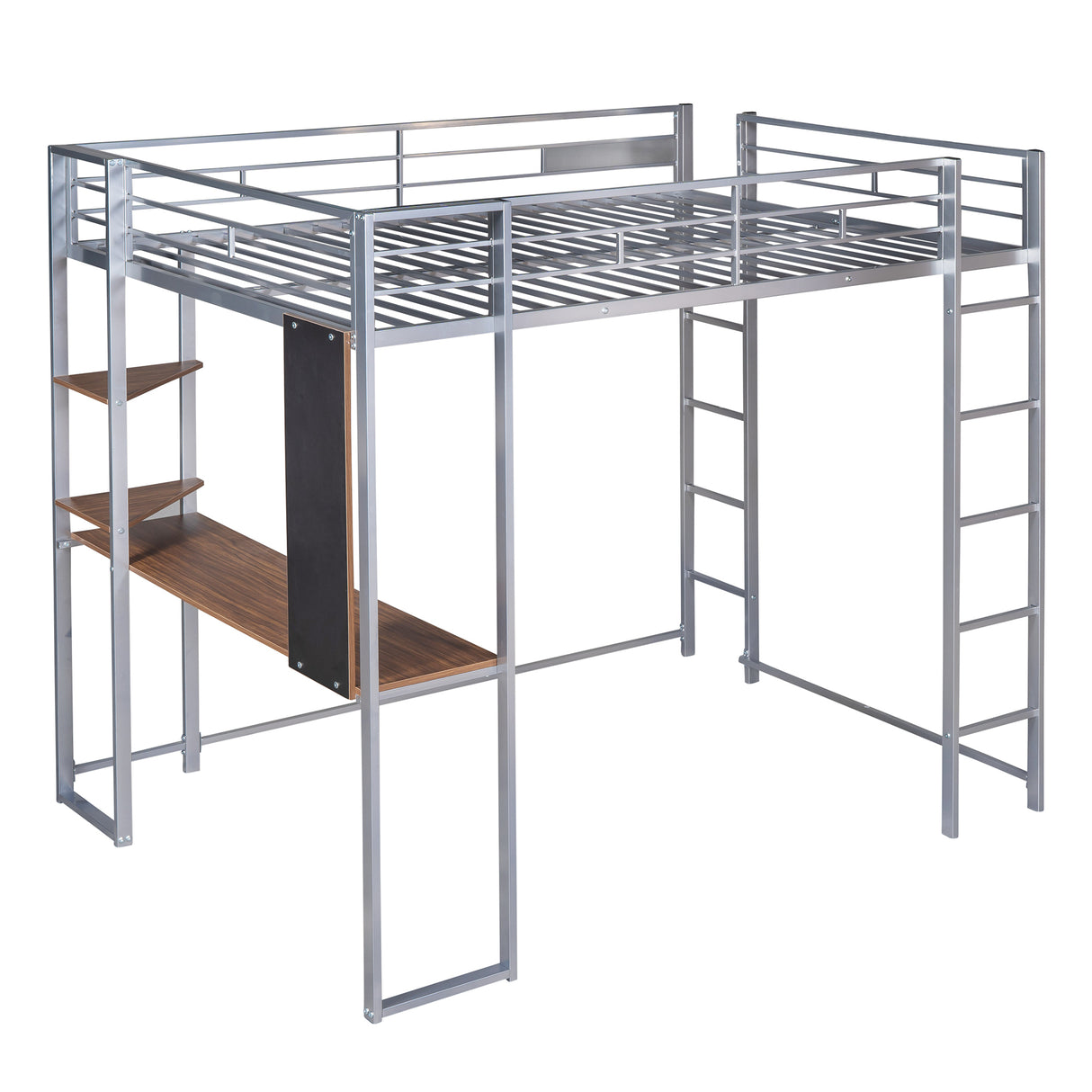 Full Size Metal Loft Bed with 2 Shelves and one Desk ,Silver (Old SKU: LP000191AAN )