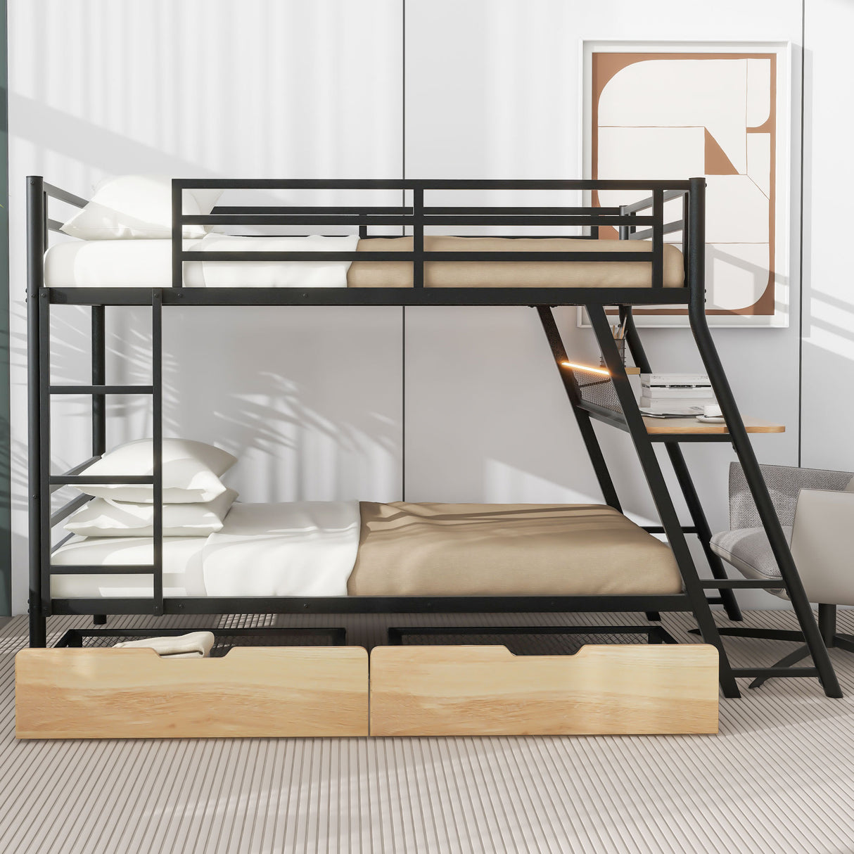 Twin Size Metal Bunk Bed with Built-in Desk, Light and 2 Drawers, Black(Expected Arrival Time: 9.18)