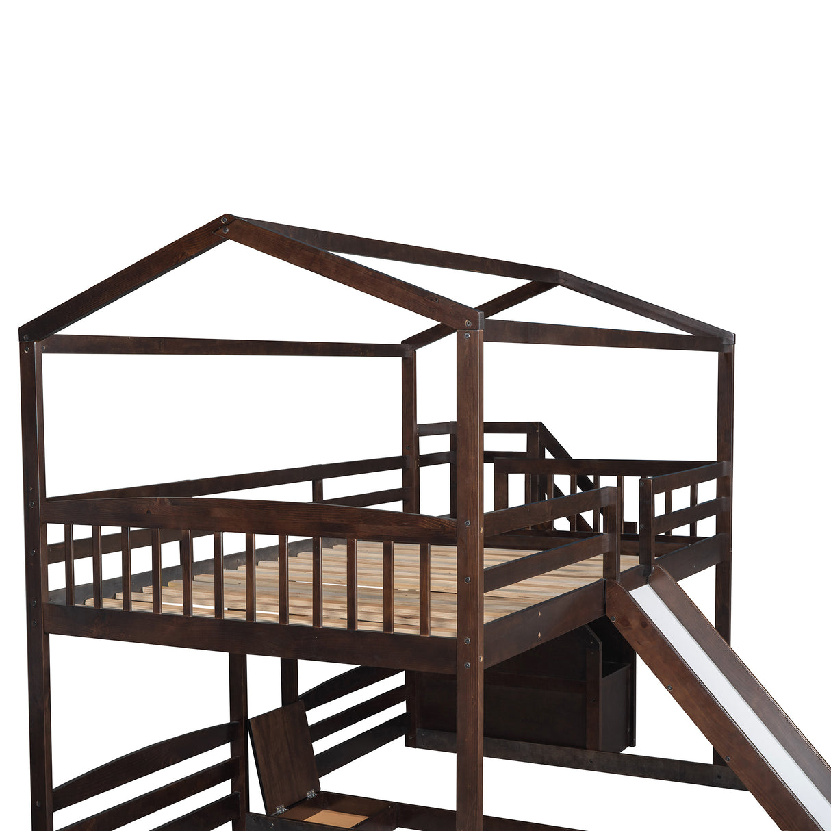 Full over Twin & Twin Bunk Bed,with Slide and Storage Staircase,Built-in Drawer and Shelf,Espresso - Home Elegance USA