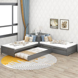 L-shaped Platform Bed with Trundle and Drawers Linked with built-in Flip Square Table,Twin,Gray - Home Elegance USA