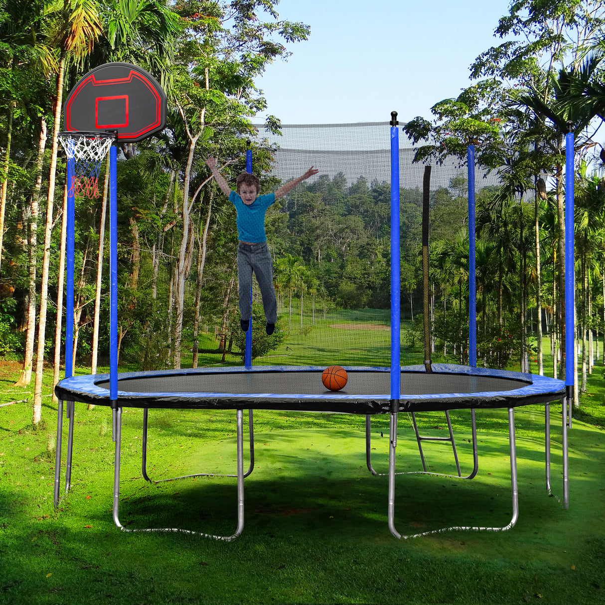 15FT Trampoline with Basketball Hoop Inflator and Ladder(Inner Safety Enclosure) Blue - W550S00009 - image - 7