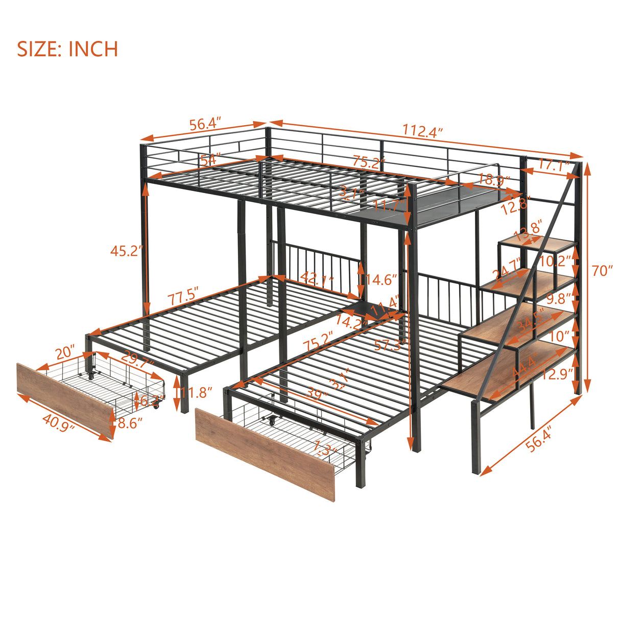 Full over Twin-Twin Triple bunk bed with drawers and staircase, Black