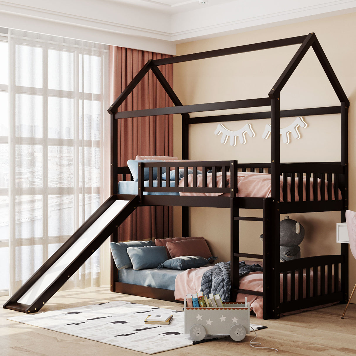 Twin Over Twin Bunk Bed with Slide, House Bed with Slide, Espresso(OLD SKU: LT000213AAP) - Home Elegance USA