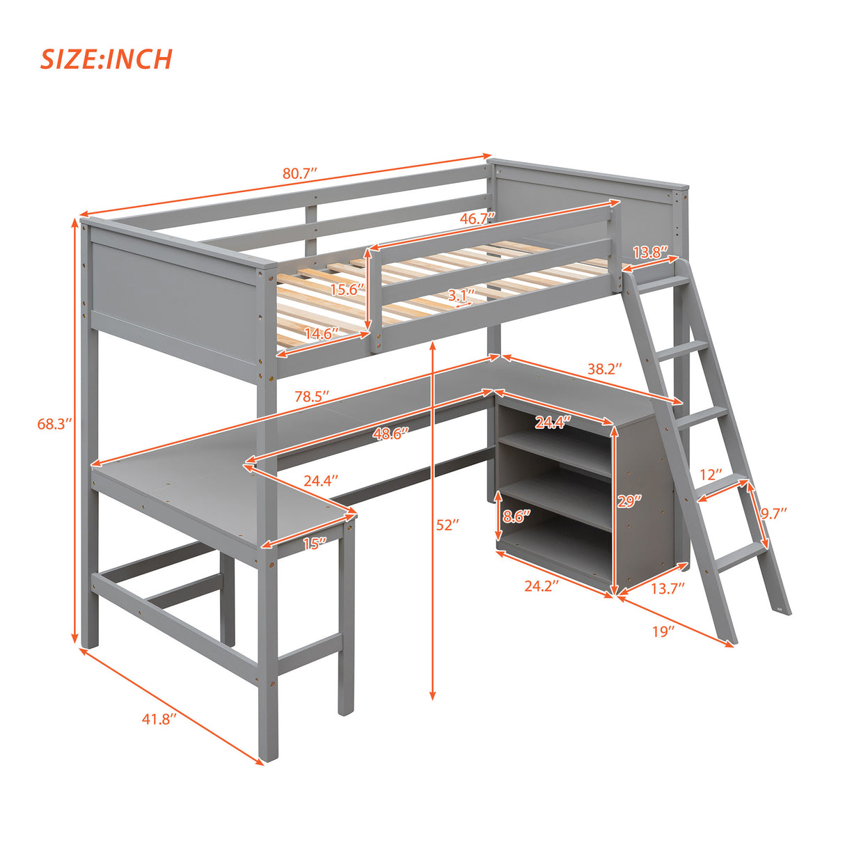 Twin size Loft Bed with Shelves and Desk, Wooden Loft Bed with Desk - Gray(OLD SKU:LT000537AAE) - Home Elegance USA