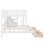 Full Over Twin & Twin Bunk Bed, Wood Triple Bunk Bed with Drawers and Guardrails (White) Home Elegance USA