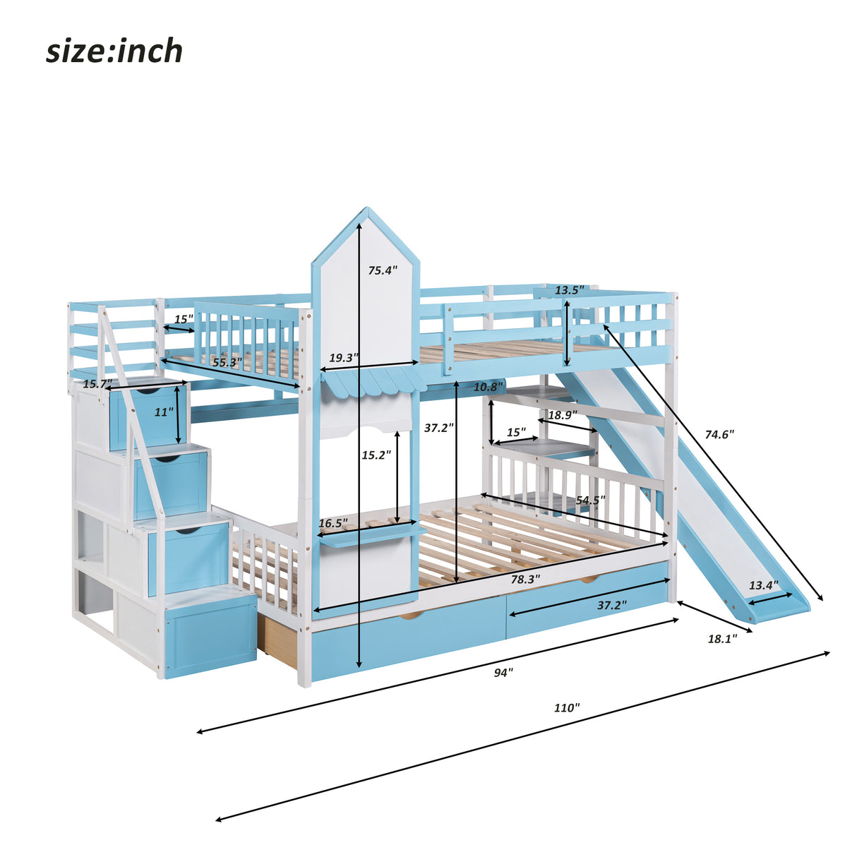 Full-Over-Full Castle Style Bunk Bed with 2 Drawers 3 Shelves and Slide - Blue