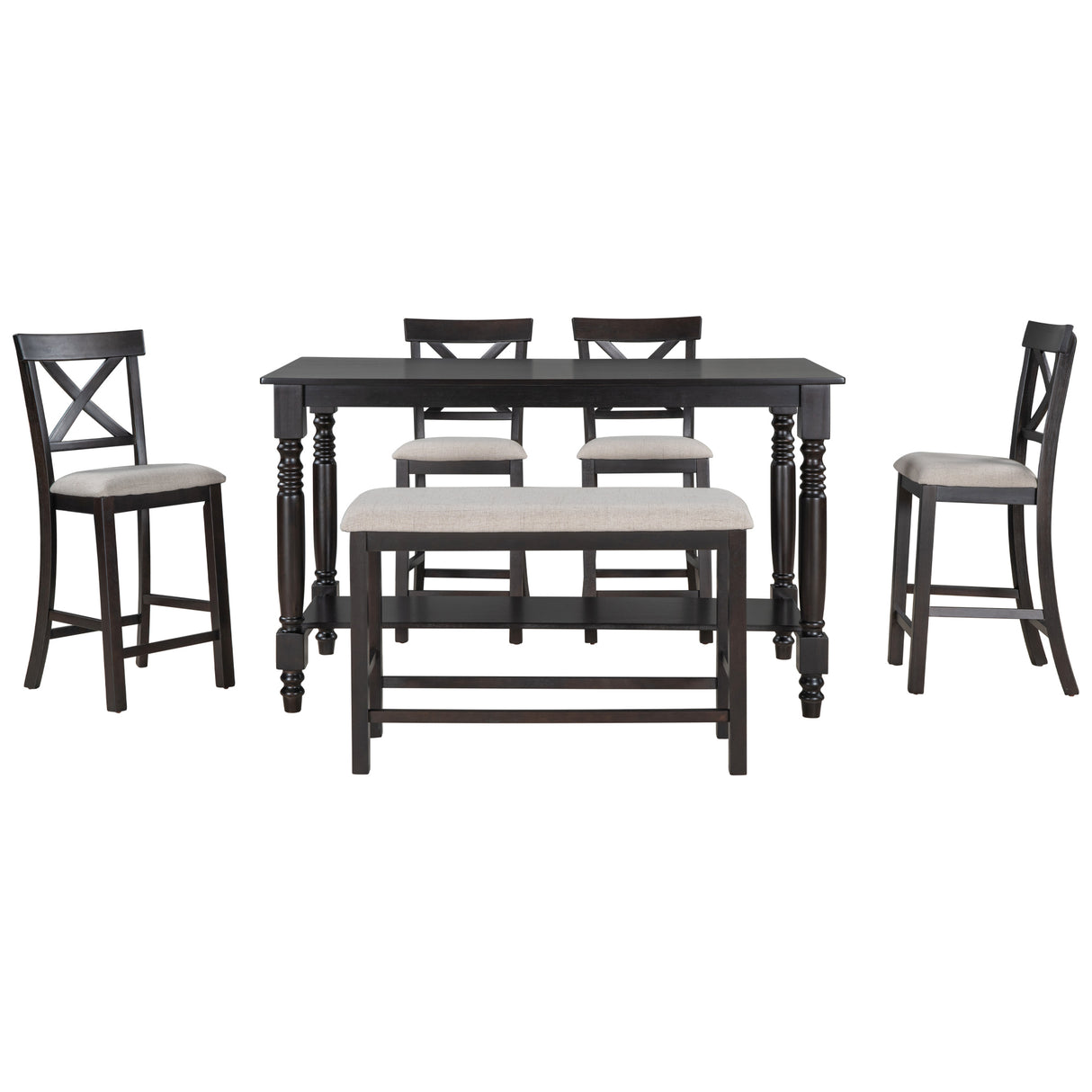 TREXM 6-Piece Counter Height Dining Table Set Table with Shelf 4 Chairs and Bench for Dining Room (Espresso) - Home Elegance USA