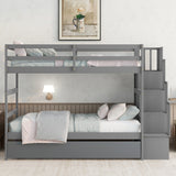 Bunk Beds Twin over Twin Stairway Storage function  Gray - Home Elegance USA