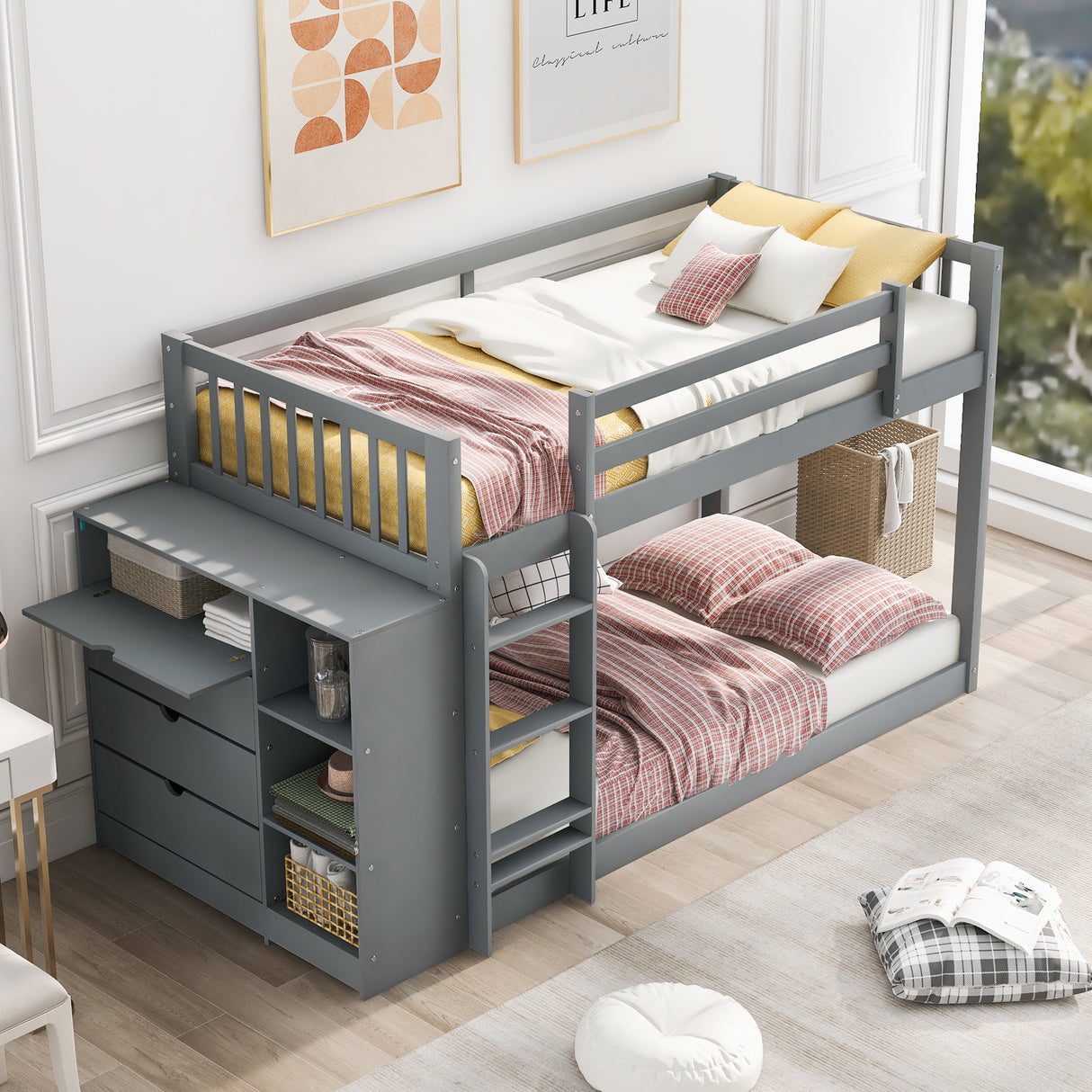 Twin over Twin Bunk Bed with Attached Cabinet and Shelves Storage ,Gray (OLD SKU:GX000513AAE) - Home Elegance USA