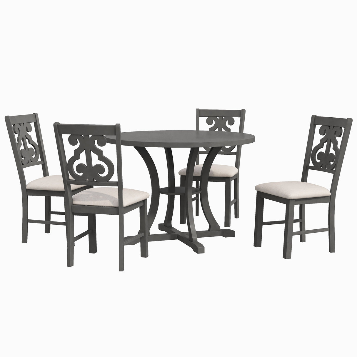 TREXM 5-Piece Round Dining Table and Chair Set with Special-shaped Legs and an Exquisitely Designed Hollow Chair Back for Dining Room (Gray) - Home Elegance USA