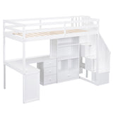 Twin Size Loft Bed with L-Shaped Desk and Drawers, Cabinet and Storage Staircase, White - Home Elegance USA