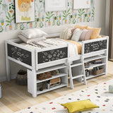 Twin Size Low Loft Bed with Two Movable Shelves and Ladder,with Decorative Guardrail Chalkboard,White - Home Elegance USA