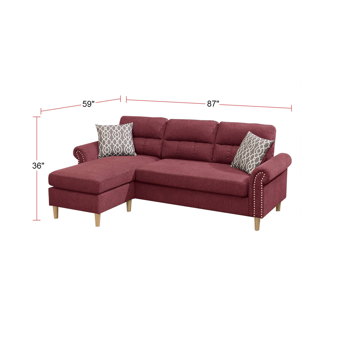 Velvet Reversible Sectional Sofa in Paprika Red - Home Elegance USA