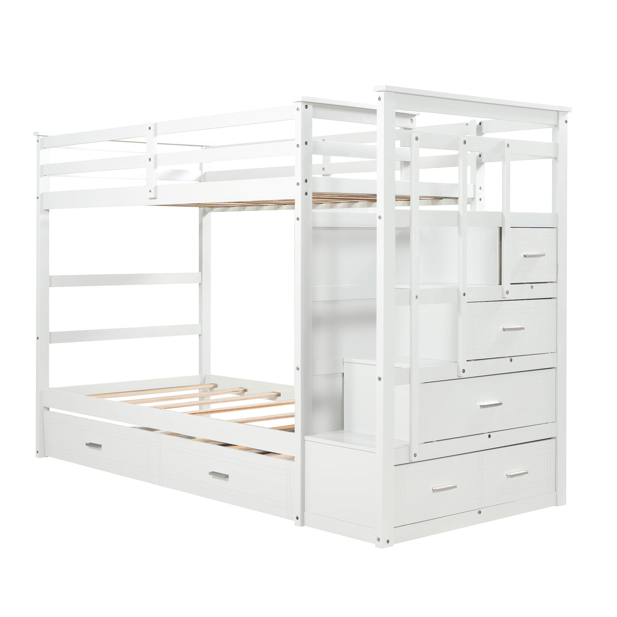 Solid Wood Bunk Bed, Hardwood Twin Over Twin Bunk Bed with Trundle and Staircase, Natural White Finish(OLD SKU :LP000068AAP) - Home Elegance USA