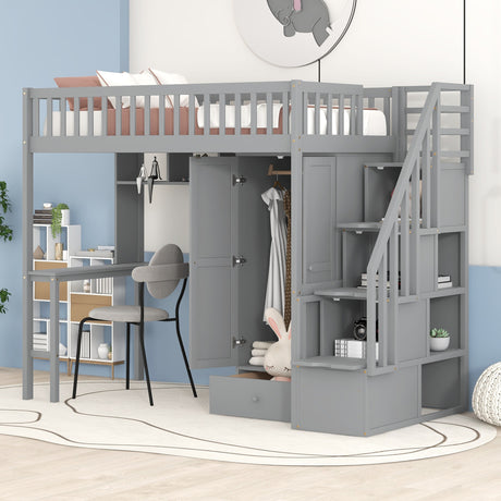 Twin size Loft Bed with Bookshelf,Drawers,Desk,and Wardrobe-Gray - Home Elegance USA