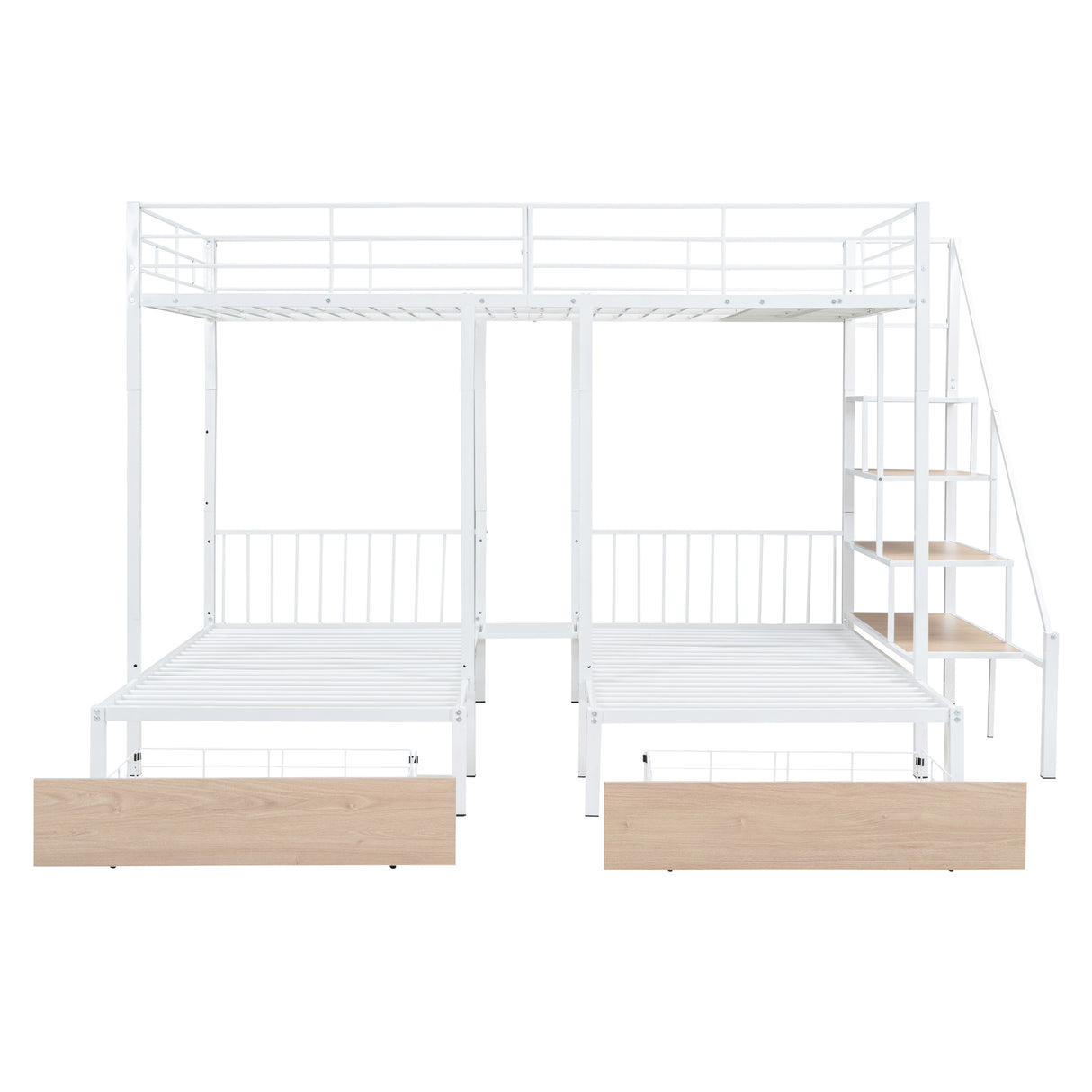 Full over Twin-Twin Triple bunk bed with drawers and staircase, White