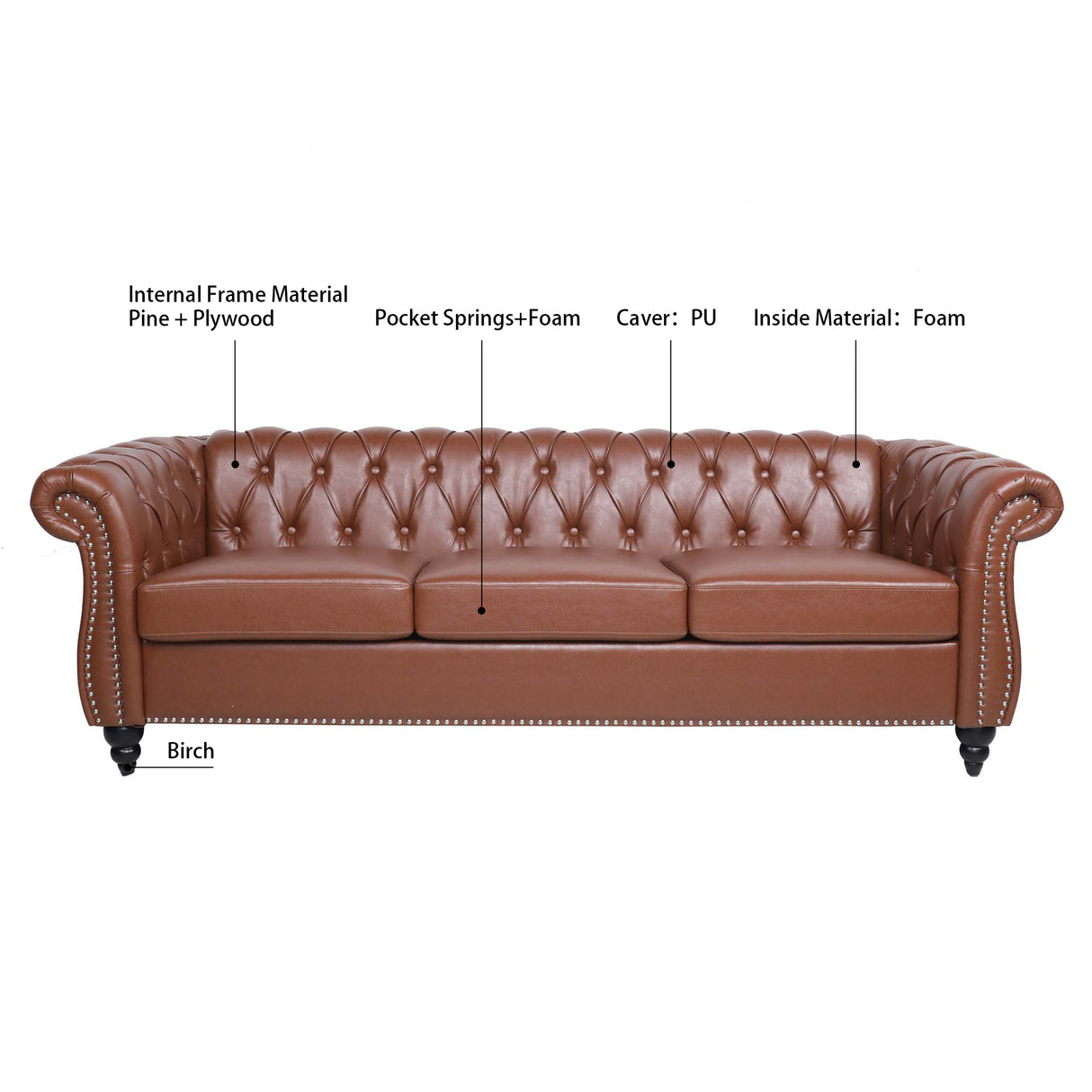 84.65"BROWN PU Rolled Arm Chesterfield Three Seater Sofa. | Home Elegance USA