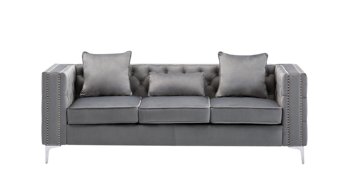 Lorreto Gray Velvet Fabric Sofa Loveseat Chair Living Room Set Home Elegance USA